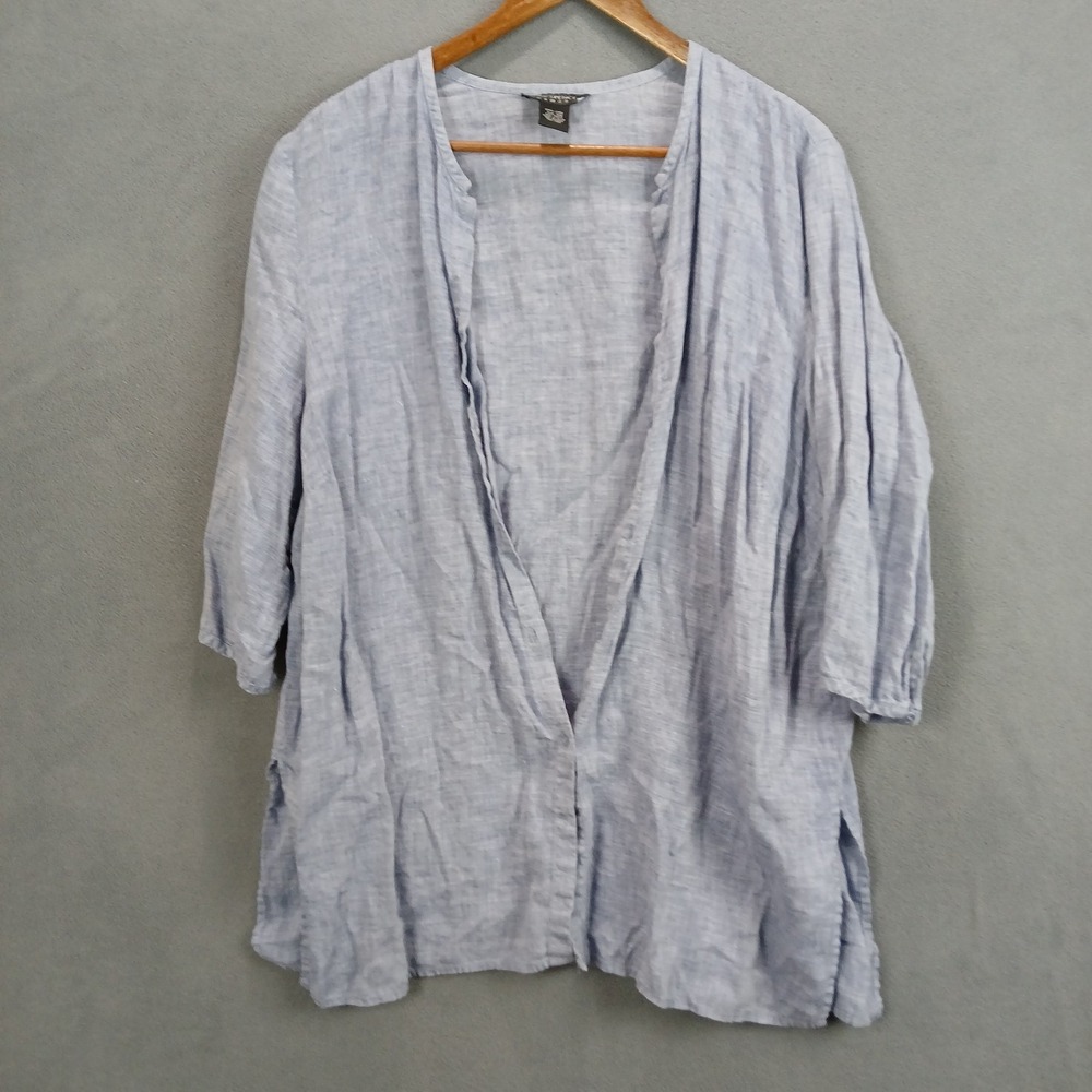 Sarah Spence Shirt Womens 2X Light Blue Linen Side‎ Slit Button Front Casual